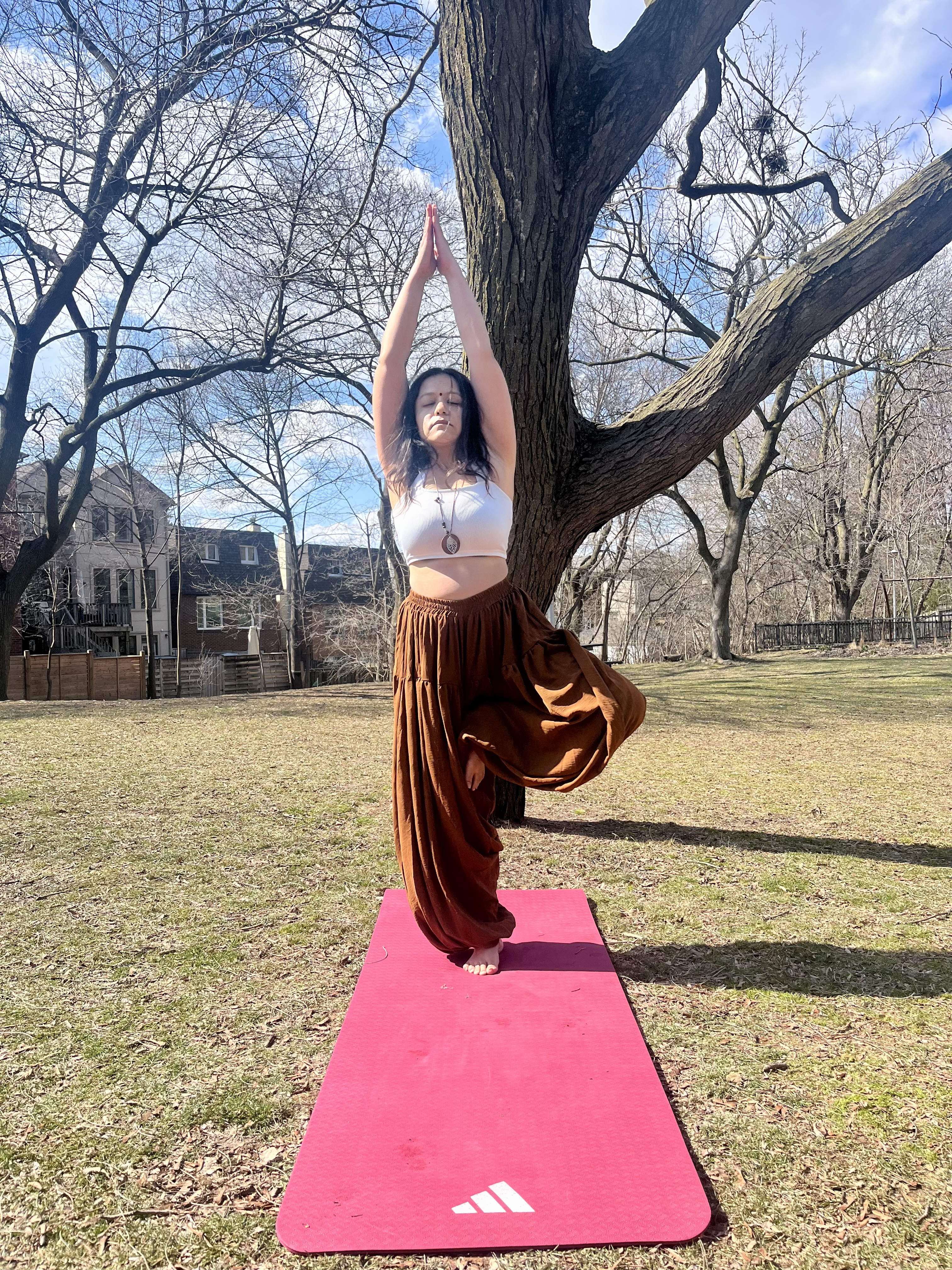 Yashna in tree pose on a pink mat beneath a winter tree