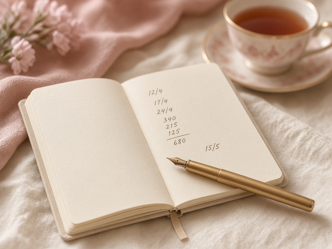 An open notebook of handwritten dates beside a gold pen