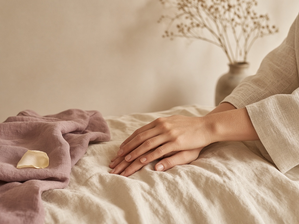 Hands resting in stillness on ivory linen in a quiet room